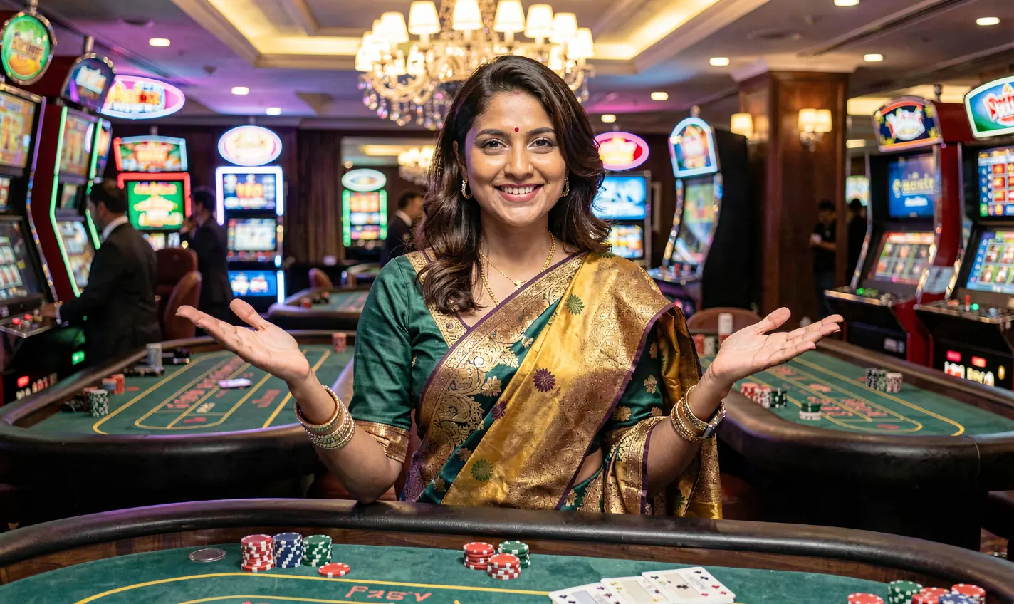 Confident live casino dealer in a red outfit presenting the game with a glowing roulette wheel behind her highlighting the premium 72OK casino experience for Bangladesh