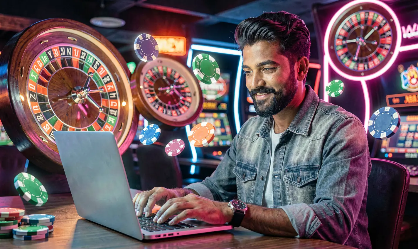 Focused Bangladeshi gamer playing online casino games on a laptop surrounded by glowing chips and roulette symbols at 72OK