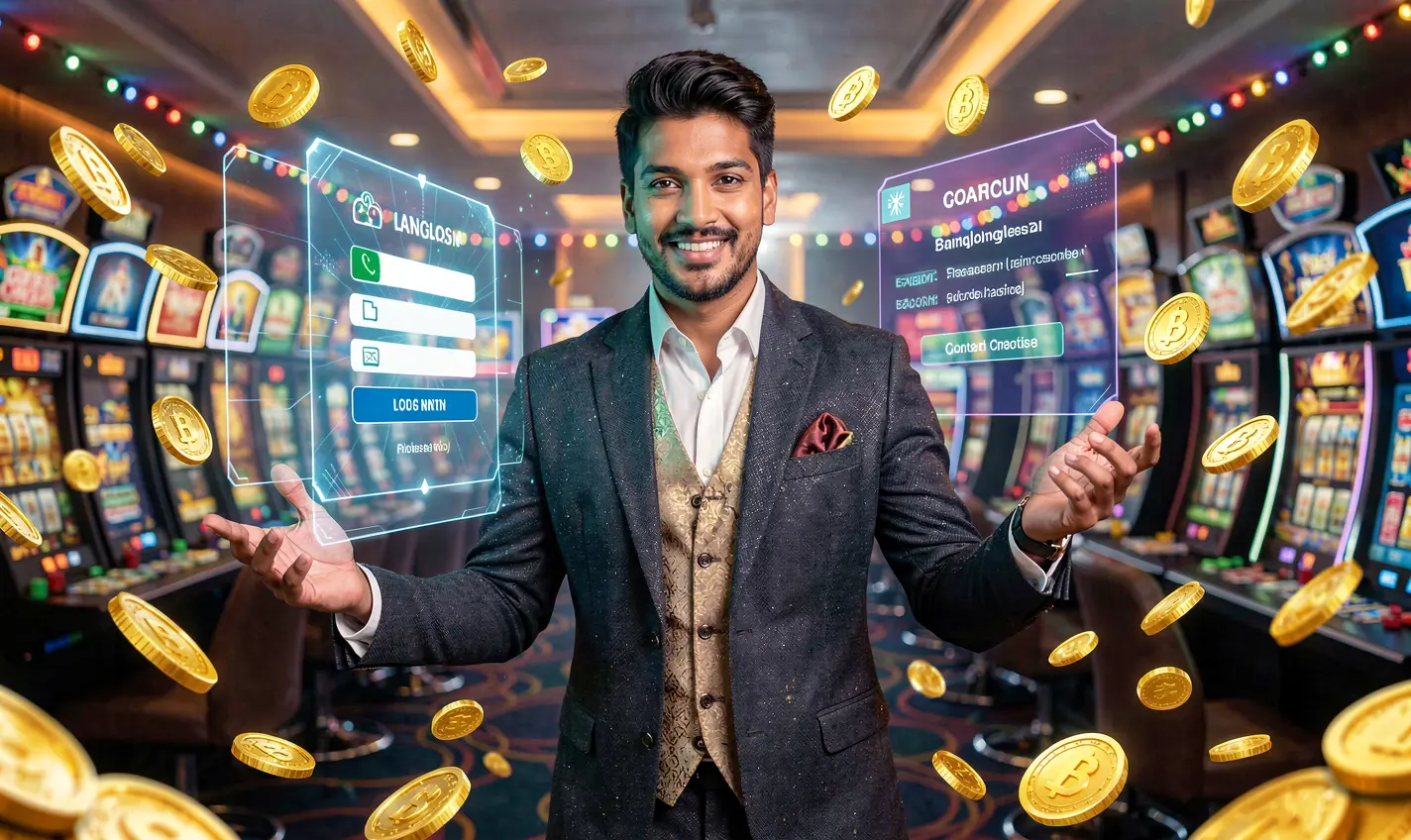 Confident Bangladeshi casino dealer welcoming players to the 72OK login platform with vibrant lights and golden coin effects